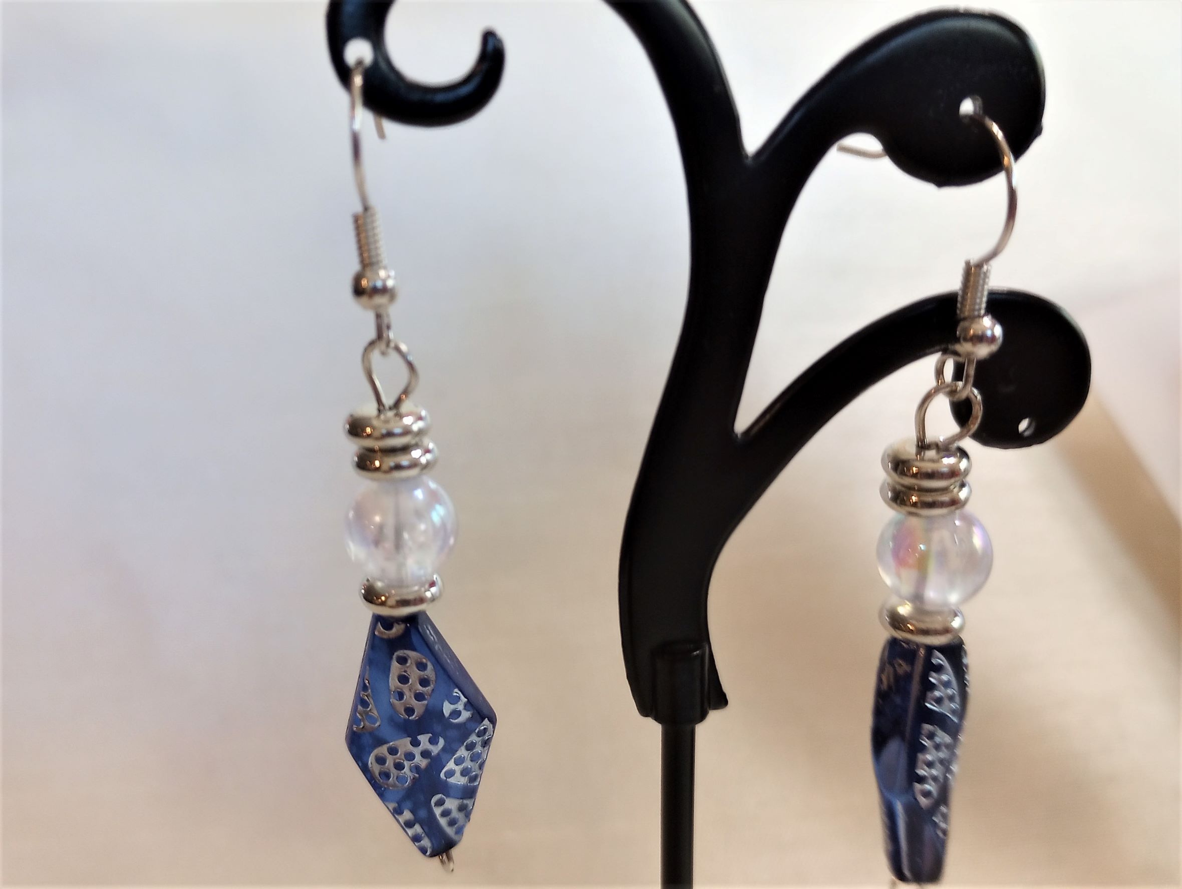 A – Navy & Pearl White Elongated Earrings