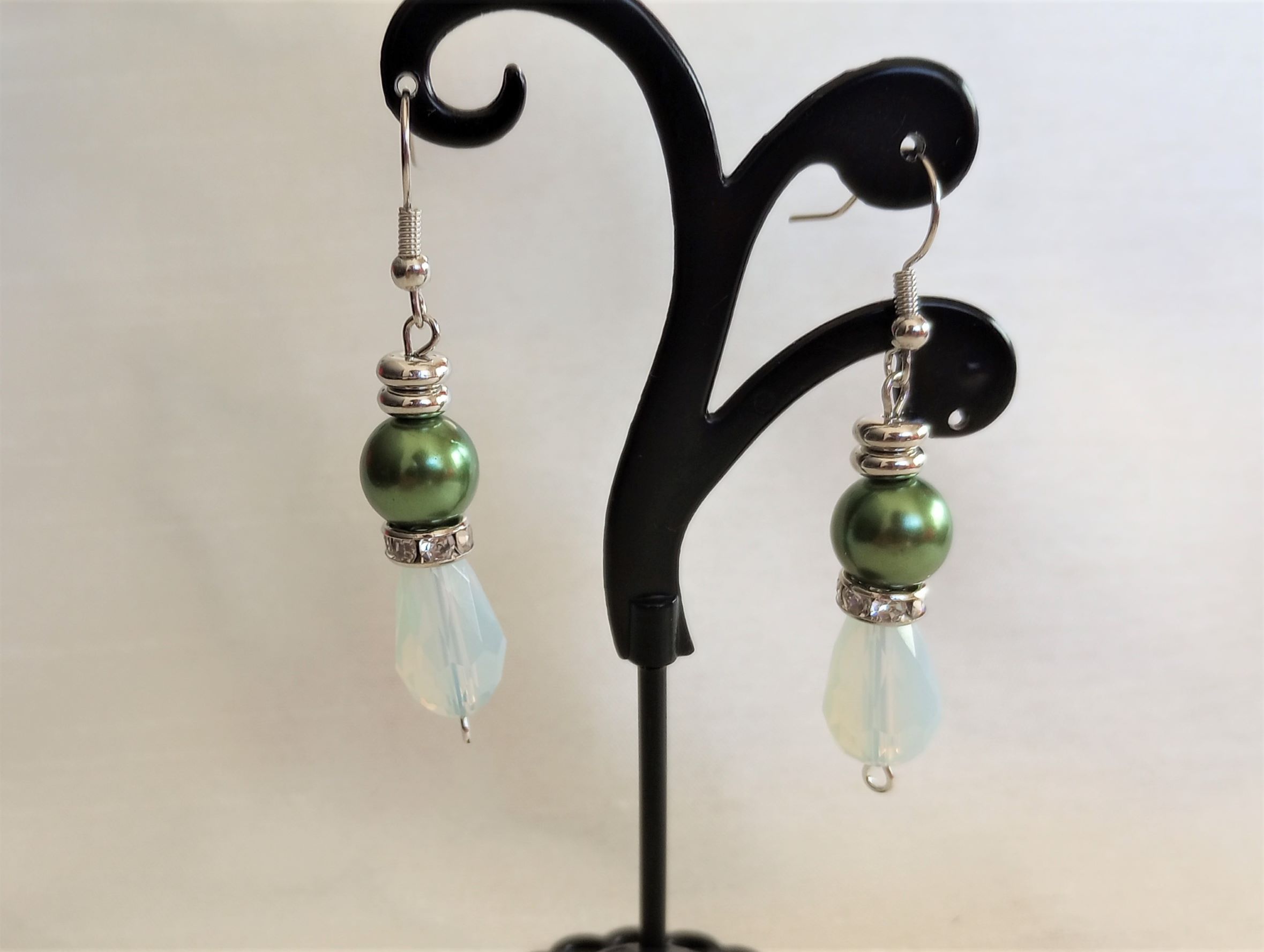 A – Emerald Green & White Tear Drop Earrings